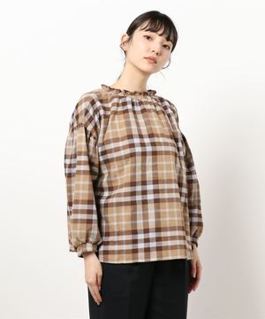 Samansa Mos2 blue シャーリングチェックブラウス