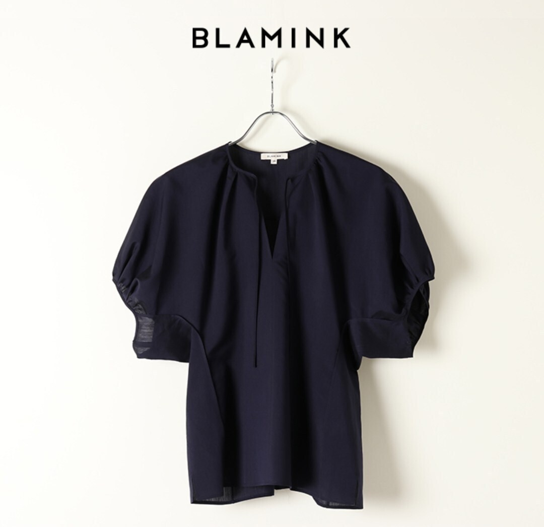 BLAMINK コットンシルクリボンギャザーショートスリーブブラウス