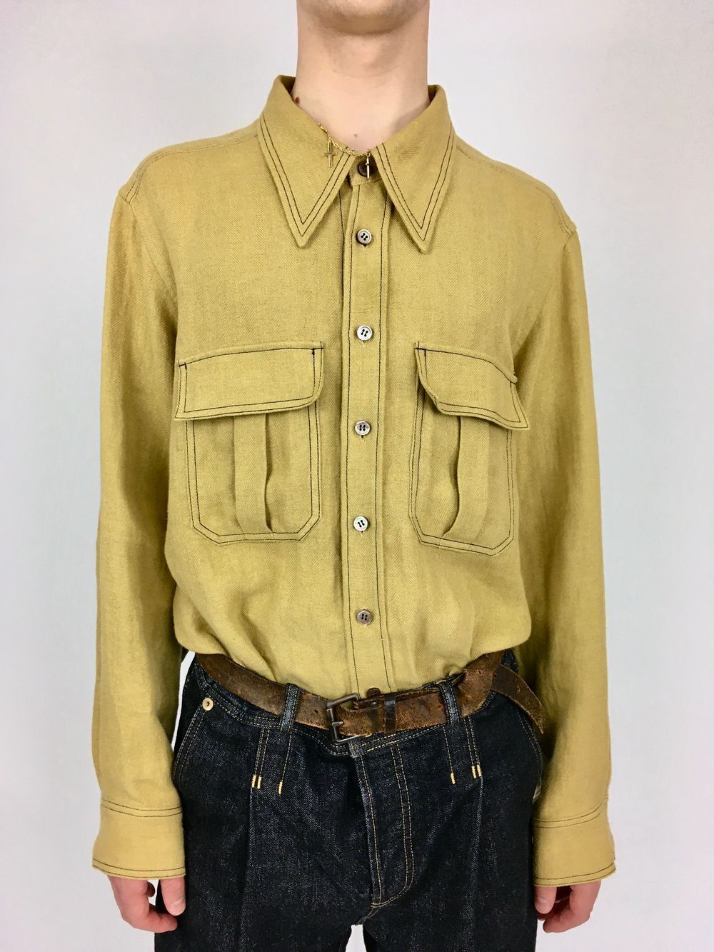 RICE NINE TEN LINEN HERRINGBONE DOUBLE STITCH SHIRT