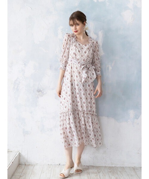 Honey Salon フラワープリントウエストリボンワンピース