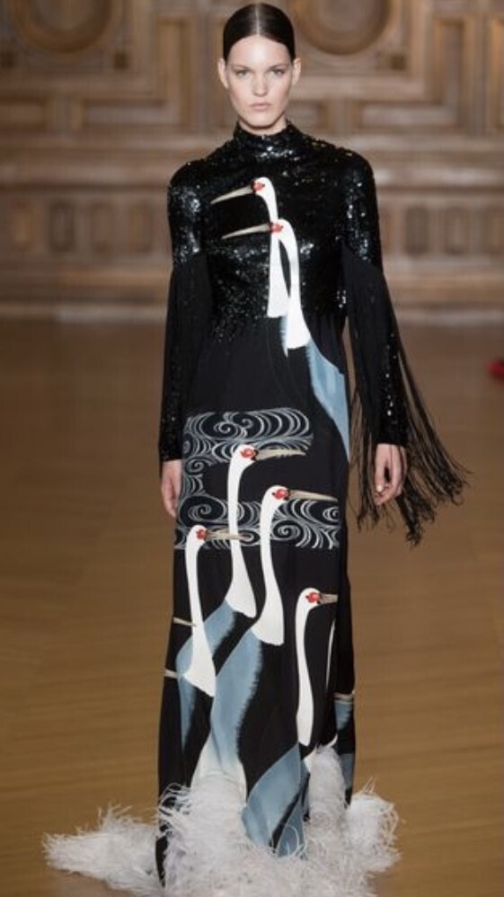 YUMI KATSURA Crane Dress Hand Painted YUZEN