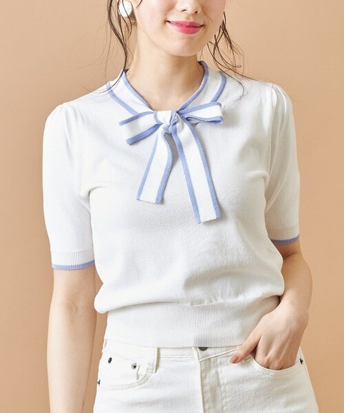 tocco closet バイカラーボウタイりぼん半袖ニットプルオーバー