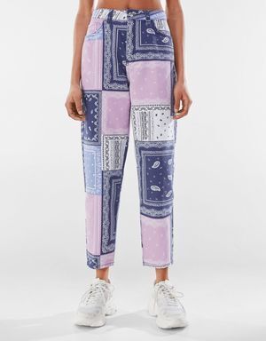 Bershka パッチワークツイルマムフィットパンツ