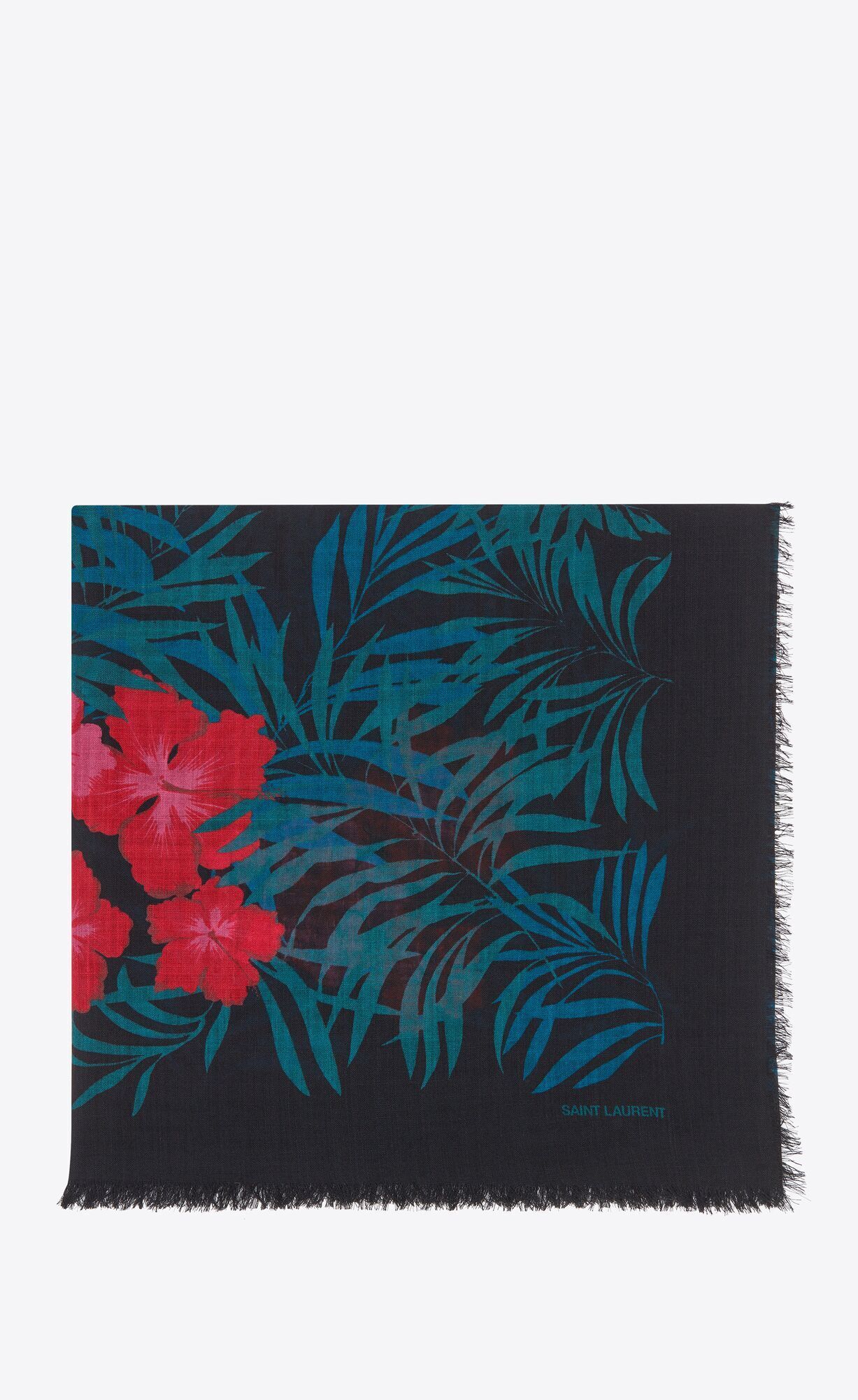 SAINT LAURENT トロピカルハイビスカス ウールエタミンのラージスクエアスカーフ