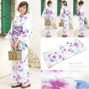 bonheur saisons 浴衣　3点セット（浴衣/半幅帯/下駄）　bonheur saisons　ボヌールセゾン　アイボリー　水色　芙蓉　花　蝶　流水　ラメ　綿　花火大会　夏祭り　浴衣セット　ゆかた　女性　レディース　送料無料　通販 | きもの館 創美苑