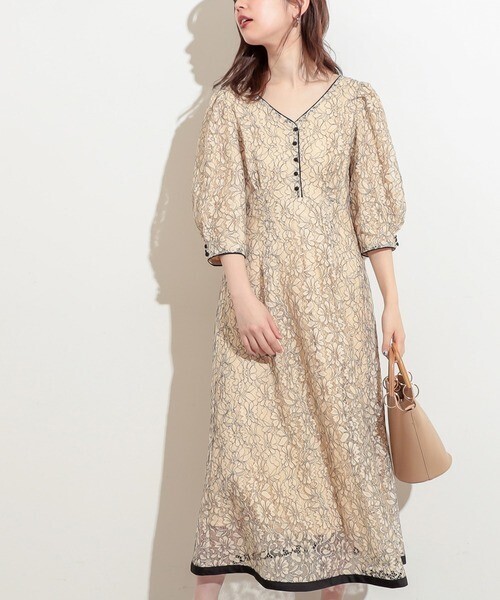 natural couture 袖口パイピング7分袖レースワンピース