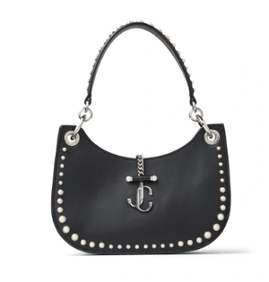 JIMMY CHOO VARENNE HOBO/S Black カーフレザー・パールスタッズ付きホーボーバッグ