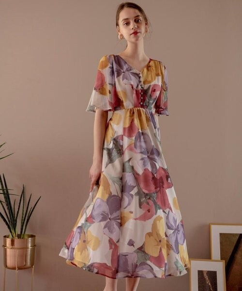 And Couture 袖フレアビックフラワー柄ワンピース