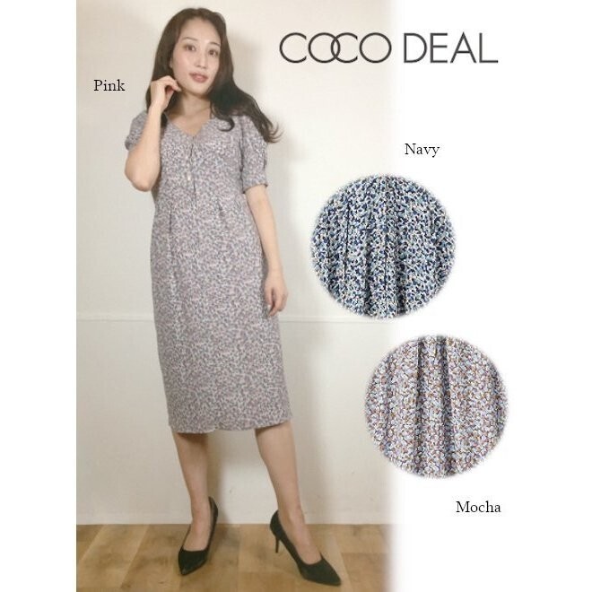 COCODEAL レトロフラワープリントパフスリーブタイトワンピース