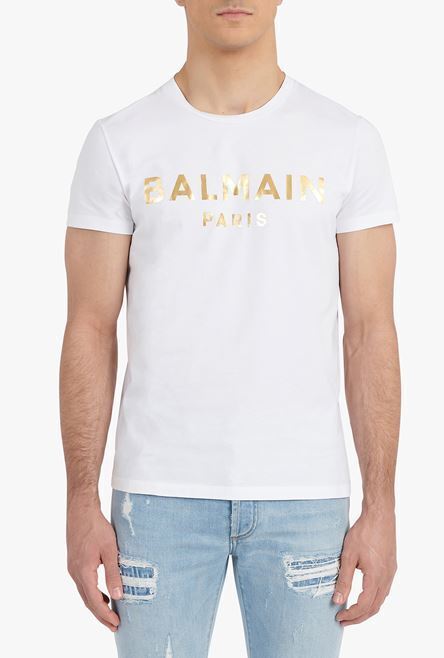 BALMAIN White cotton T-shirt with gold Balmain Paris logo print