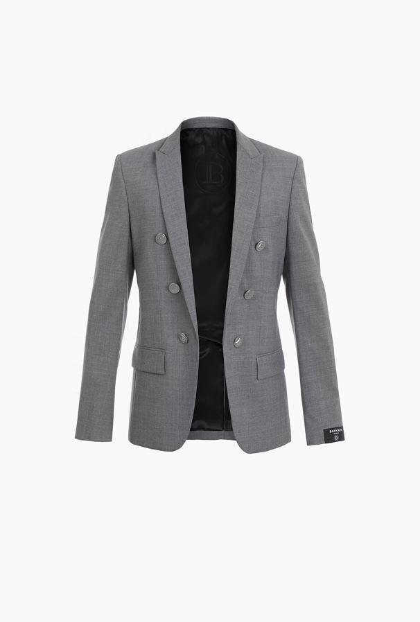 BALMAIN グレー ウール ブレザー シルバートーンボタン付き