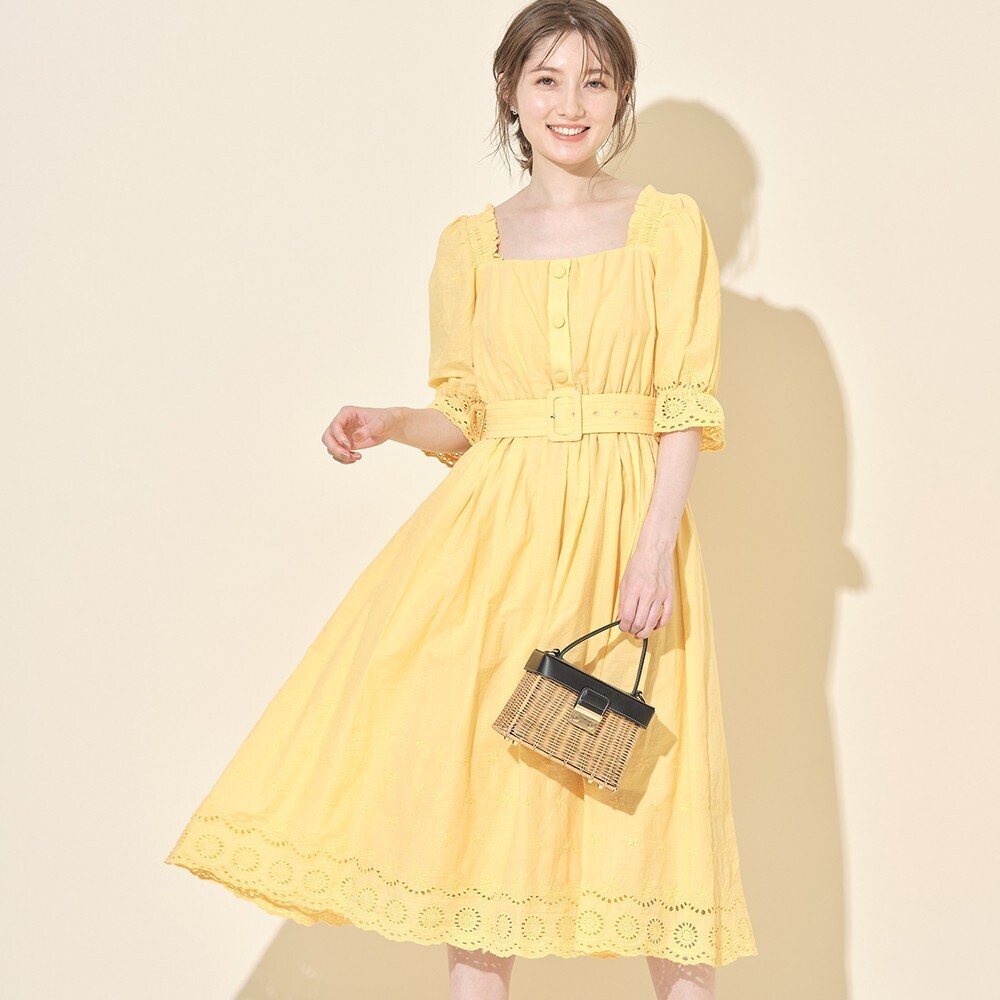 tocco ベルト付きスカラップフラワーカットワークレース刺繍コットンワンピース