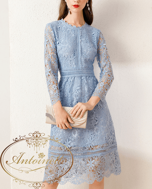 Antoinette ブルー ワンピース 上品 お呼ばれ レース 膝丈 レディース Woman Wedding party one-piece Elegant