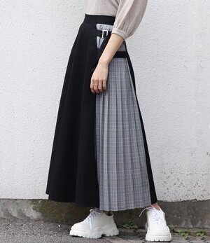 ノーブランド 異素材ミックス マキシ丈 グレンチェック プリーツスカート 巻きスカート風 ハイウエスト