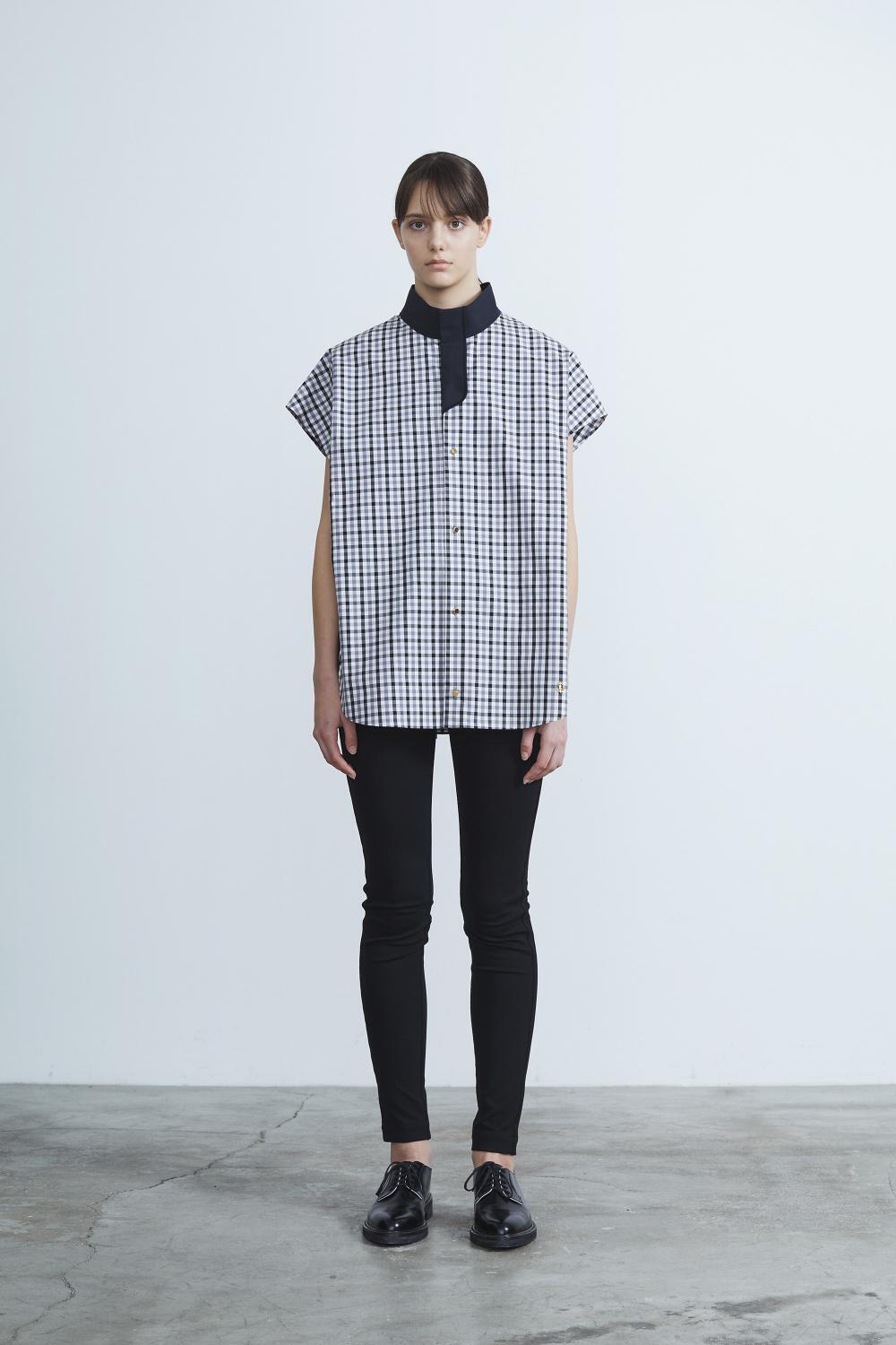 THE RERACS RERACS FINX COTTON CLASSIC CHECK PLACKET BACK INVERTED SLEEVELESS SHIRT