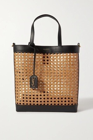 SAINT LAURENT Shopping Toy leather-trimmed straw tote