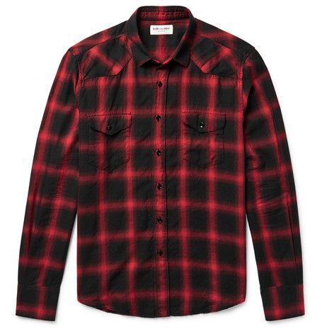 SAINT LAURENT Slim-Fit Checked Cotton-Blend Flannel Western Shirt