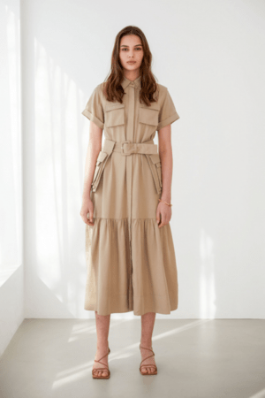ALEXIA STAM Military Waist Belted Dress Beige