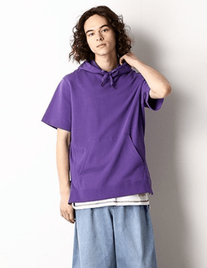 Purple&Yellow ロゴファスナー　半袖プルオーバーパーカ