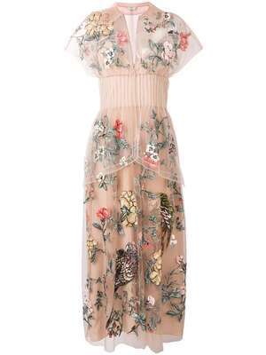 FENDI floral bird embroidered tulle dress