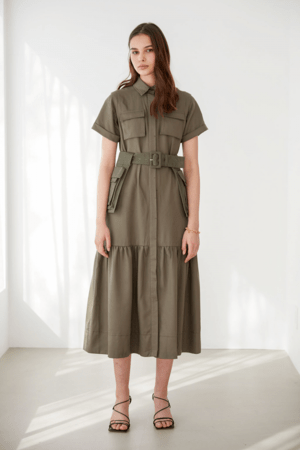 ALEXIA STAM Military Waist Belted Dress Khaki