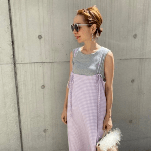 BayBee gingham check　ribbonstrap onepice(lavender)