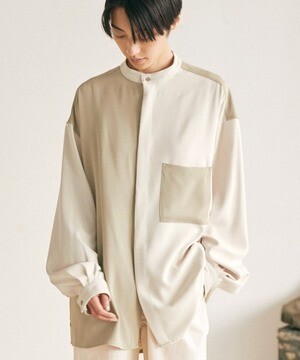 EMMA CLOTHES オーバーサイズ配色切替バンドカラーL/Sシャツ