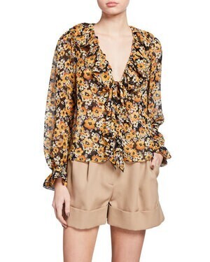 SAINT LAURENT Floral-Print Ruffle Silk Blouse