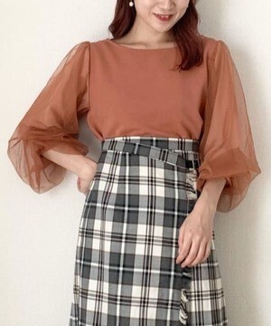 mysty woman チュールタックスリーブ7分袖プルオーバー