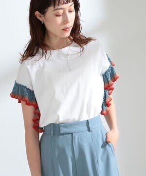 Ray BEAMS ライン フリル スリーブ Tシャツ