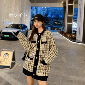 Lamitte deco レトロな 大人可愛いカーデ ♡ ツイード チェック柄 羽織り オーバーサイズ ニット カーディガン