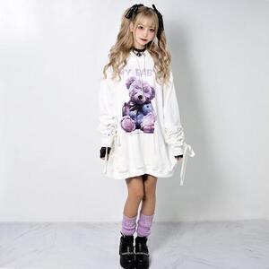 Amilige 袖レースアップMY BABY Bearパーカー