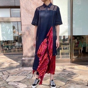 HARIKAE シフォン　プリーツ　デニムワンピース