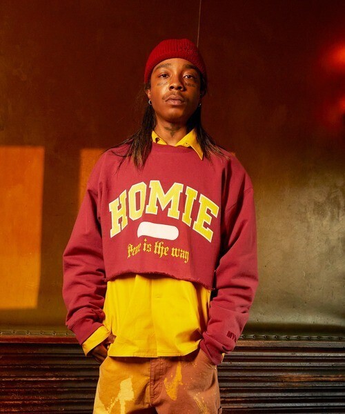 MYne HOMIE” Printed Short Pullover カレッジアーチロゴプリントショートプルオーバースウェッ