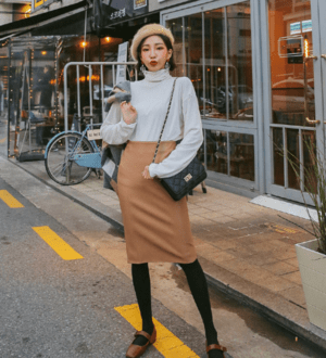 MERONGSHOP フェイクレザーミディ丈スカート[ONLY.M]
