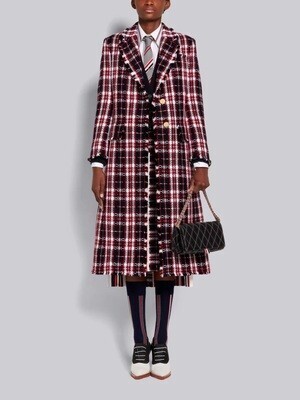THOM BROWNE.NEW YORK マルチカラー タータンチェック ツイードフレイド ワイドラペル オーバーコート