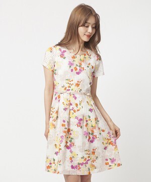 Rose Tiara シャドーチェックフラワープリントワンピース