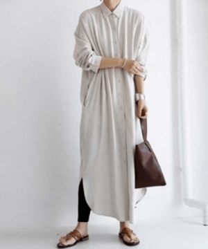 antiqua ゆったり、ナチュラル。麻混素材ロングシャツワンピ・po-00069