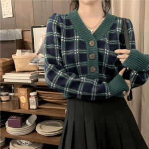 Lamitte deco 秋冬ぴったり 深みグリーン♪ ニット カーディガン チェック柄 ショート丈 Vネック スタイルアップ レトロ ガーリー カジュアル