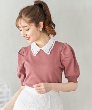 tocco 取り外し可能な刺繍入り襟付き袖口パール装飾パワーショルダーニットプルオーバー
