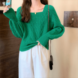 Lamitte deco デコルテを 綺麗に魅せる♪ ケーブルニット トップス スクエアネック バルーン袖 模様編み 鎖骨見せ 大人女子 女っぽ モテコーデ デート