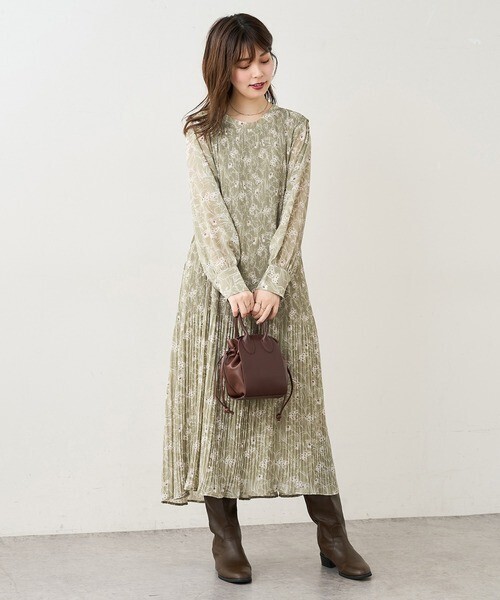 natural couture ベルト付消しプリーツAラインワンピース