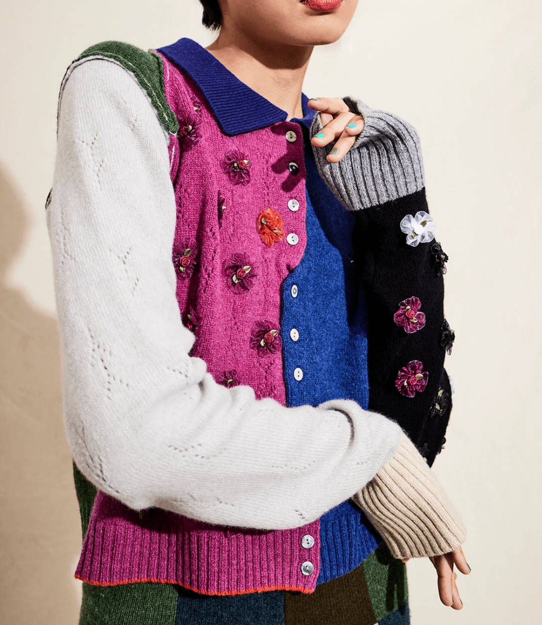 YANYAN CHECKED EXTRA LONG SLEEVE COLLARED CARDIGAN