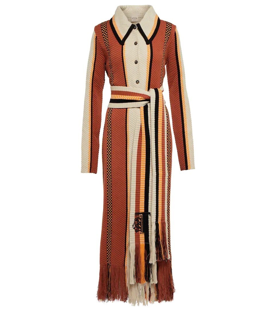 TOD'S Fringe-trimmed striped cotton coat
