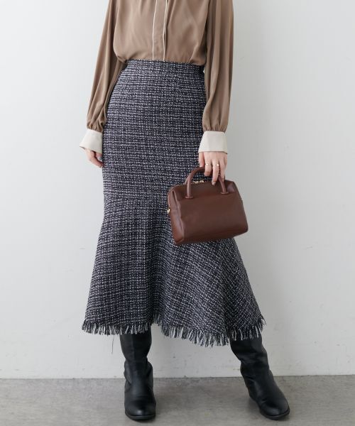 natural couture 裾フリンジマーメイドツイードスカート