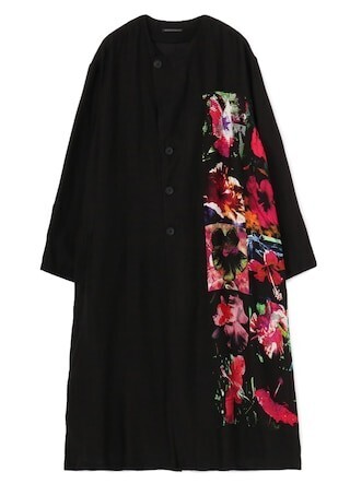 Yohji Yamamoto SILK SATIN FLOWER PRINT NO COLLAR DRESS