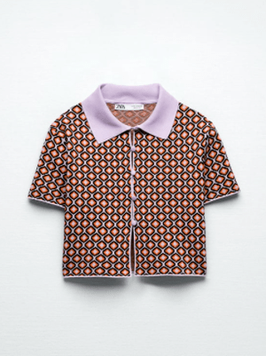 ZARA ジオメトリック柄ジャガードニットポロシャツ