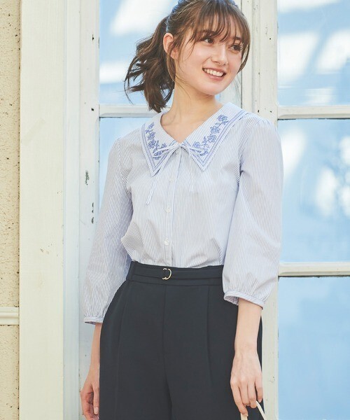 LAISSE PASSE 衿取り外しストライプチュニックブラウス