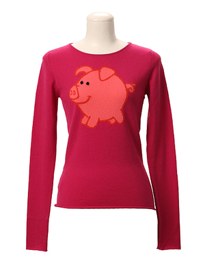 lucien pellat-finet INTARSIA PIG （F） ROUND NECK[COCKTAIL RED]