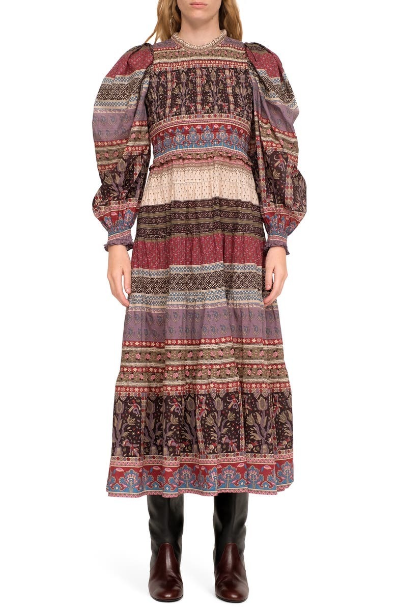 Sea New York Brooke Border Smocked Long Sleeve Midi Dress